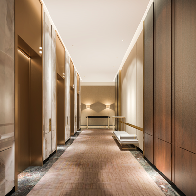 Modern hallway with lights on the floors and elevator doors